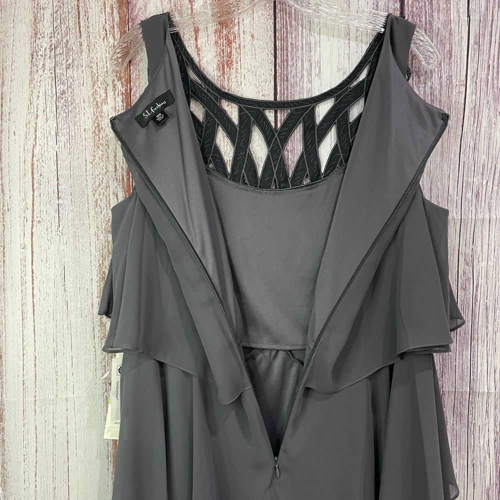Grey Sleeveless Tiered Ruffled Beaded Dress Women's Size 18W S.L. Fashions #5003 - Picture 6 of 15